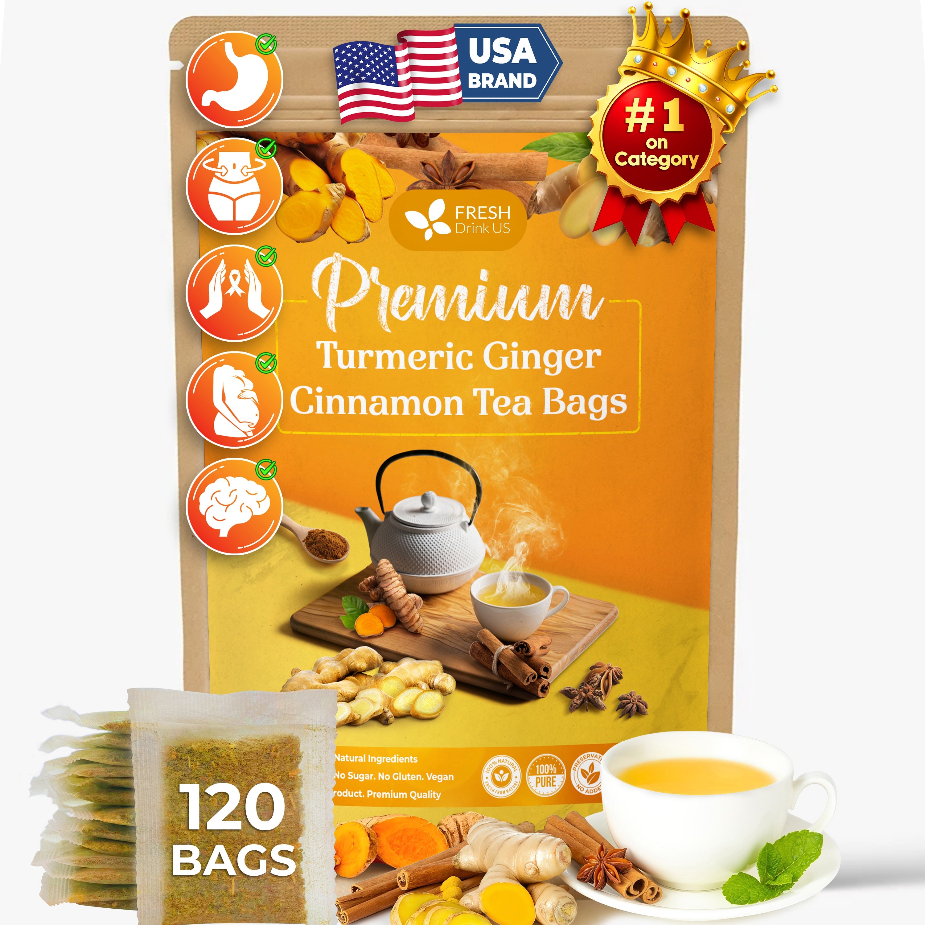 Turmeric, Ginger, Cinnamon Tea, Tea Bags, 100% Natural, Hand-made Blend of Turmeric, Ginger, and Cinnamon. Eco-conscious Tea Bags. Turmeric Ginger Herbal Tea. No Sugar, No Caffeine, No Gluten, Vegan.